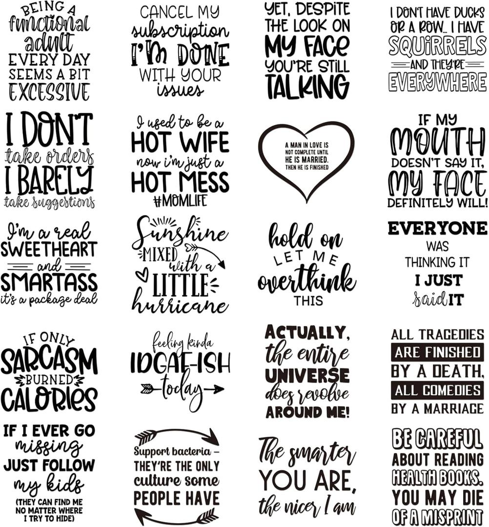 Sarcastic Quotes Iron on Transfers for T Shirts - 20 Sheets Funny DTF Transfers Ready to Press Iron on Decals Vinyl Design for Clothing Jacket Hat Bag DIY Costume Decorations