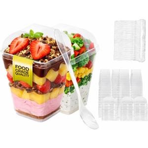 Dessert Cups with Lids and Spoons 50 Pack 5oz Clear Plastic Containers, Mini Shooter Cups for Ice cream, Square Appetizer Cups for Pudding, Yogurt, Fruit & Party