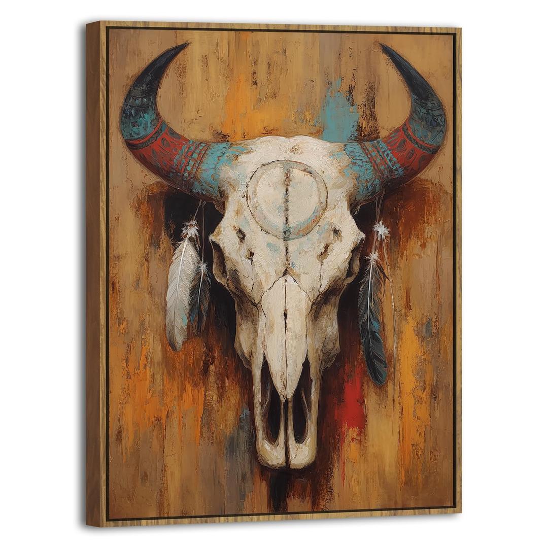 Western Bull Skull Wall Art Framed Rustic Tribal Cow Skull Painting with Feathers, Southwestern Boho Canvas Wall Decor Western Farmhouse Artwork for Living Room Bedroom Office Home Decorations 16x24