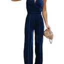 BLENCOT Sleeveless Velvet Jumpsuits For Women V Neck Spaghetti Straps Wide Leg Long Pants Dressy Rompers Winter Overalls Blue, Small