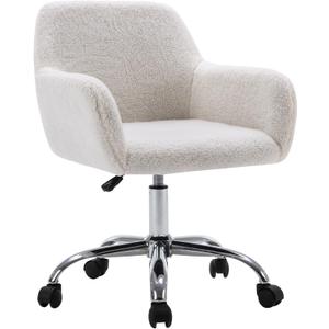 KCC Faux Fur Vanity Makeup Desk Chair, Comfy Fluffy Swivel Modern Leisure Armchair with Wheels, Upholstered Fuzzy Height Adjustable for Teens Women Girls Elegant Home Office (White+plush)
