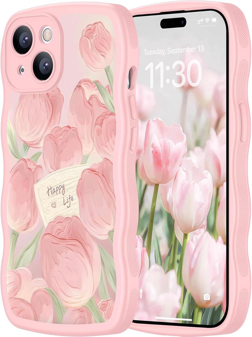 teloxy Designed for iPhone 15 Case, Magnetic [Curly Wavy Edge] Shockproof Protective Durable Slim Translucent Matte Anti-Fingerprint Phone Case, Pink