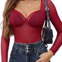 Avidlove Mesh Bodysuits for Women Long Sleeve Body Suits Leopard Print Going Out Tops Sheer Rave Outfits with Snap Crotch (Medium, Wine Red)