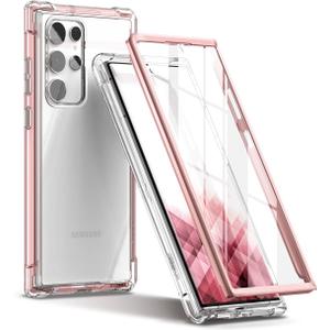 SURITCH for Samsung Galaxy S22 Ultra Clear Case 6.8" (Only), [Built-in Screen Protector] Full Body Protective Hard Shell+Soft TPU Phone Case for Samsung S22 Ultra -(Rose Gold Edge)