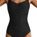 One Piece Swimsuit for Women Tummy Control Wide Straps Bathing Suits Full Coverage Swim Suit Color Block Swimwear (Medium, Black)