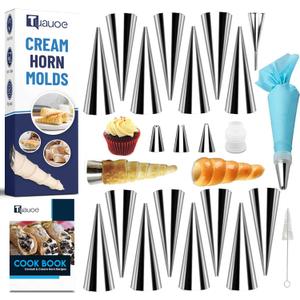 Cream Horn Molds for Baking, 23pcs Horn Forms Set, Non-stick Stainless Steel 15pcs Cone Shaped with Cleaning Brush, Piping Tip, Piping Bag, for ice Cream Cones, Puff Pastry, Baking Cones