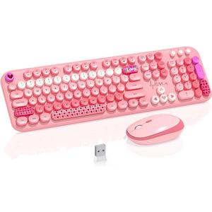 Wireless Keyboard Mouse, 104 Full Size Cute Colorful Keyboard and Mouse with Retro Typewriter for PC / Mac / Laptop / Tablet / Computer / Windows / Microsoft, Pink