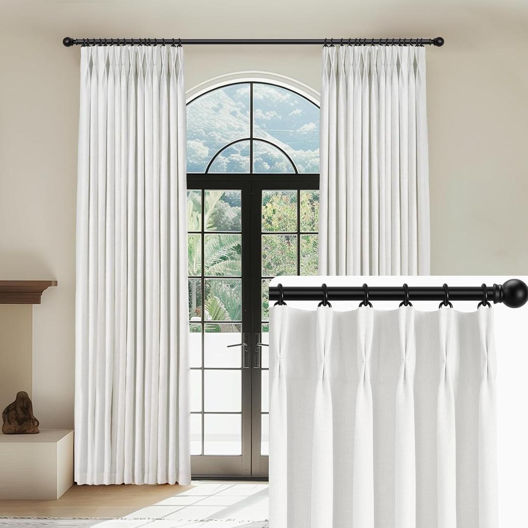 CAPALOCA Linen Pinch Pleated Curtains Blackout 100% Black Out Curtains 90 Inches Long 2 Panels with Hooks, Thermal Insulated Pinch Pleat Drapes for Bedroom, 40Wx90L, White