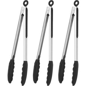 Serving Tongs Kitchen Tongs - Heat Resistant, Premium Stainless Steel Locking Cooking Tongs with Silicone Tips, Non-Slip Food Tongs for Cooking, Heavy Duty, Non-Stick (12 Inch(3 Pack))