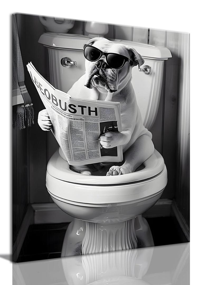 OIQArtOIQ Funny Bathroom Canvas Wall Art Black and White Wall Art Bull Dog On Toilet Reading Newspaper Animal Art Prints Artwork For Restroom, 16x24 in