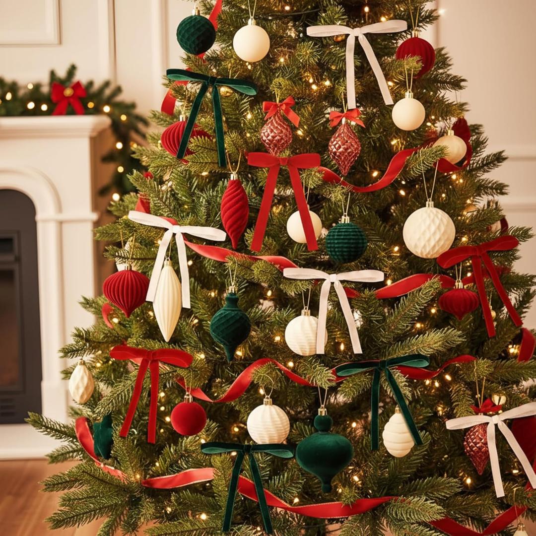 29 Pcs Velvet Christmas Ornament, 13 Pcs 4.7'' 3.1'' Flocked Christmas Tree Hanging Balls 15 Velvet Vintage Ribbon Bows and 1 Roll 2'' x 5 Yards Velvets Ribbon Red Green White Xmas Tree Decorations