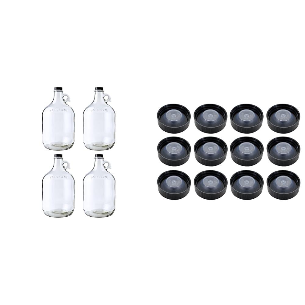 FastRack 128oz 4 Pack Growlers with Caps and 12 Count 38mm Poly Seal Screw Caps for 1/2 & 1 Gallon Jugs