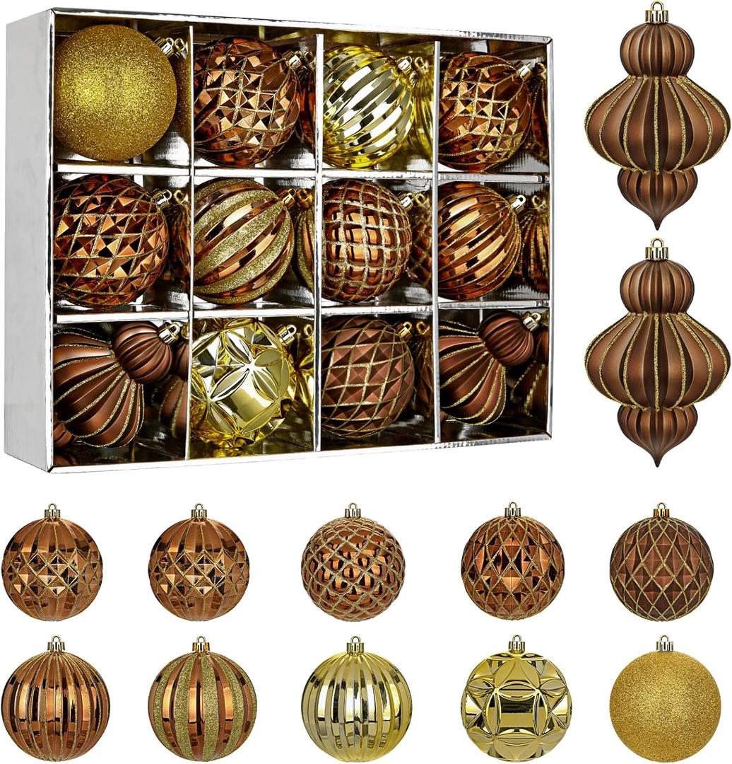 4" Christmas Ball Ornaments Set 12PCS Large Shatterproof Plastic Ornaments Christmas Tree Ball Hanging Ornaments for Xmas Tree Wedding Party Holiday Decorations - Bronze, Gold