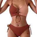 B2prity Women's Sexy Bikini Set Color Block Lace Up 2 Piece Bathing Suit Tie Side Swimsuit (Large, Red Brown Block)