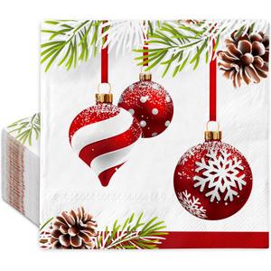 100Pcs Christmas Paper Napkins Xmas Hanging Ball Pine Cone Disposable Luncheon Napkins Holiday Dinner Hand Napkin for Winter Home Kitchen Bathroom, 6.5 x 6.5 Inch