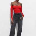 HYZ Women's Sexy Off The Shoulder Long Sleeve Backless Basic Going Out Thong Bodysuit Tops (Red)