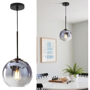 KCO Lighting Mercury Glass Pendant Light Fixtures Mid Century Modern Silver Kitchen Island Pendant Lights Ceiling Hanging Black Large Globe Pendant Light for Living Room Dining Room, 25cm Silver