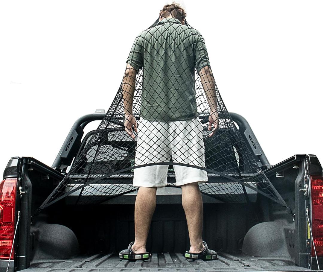 Cargo Net for Pickup Truck Bed, Trucks Cargo Net Mesh Organizer, 4'x4' Stretch to 7'x7' Highly Elastic Truck Bed Net for Camping, Trip Luggage, Compatible with Trailer, Ford, Chevrolet, Dodge (Single Layer)
