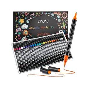 Ohuhu 24 Brush Metallic Markers, Ohuhu Dual Tip Glitter Pen, Acrylic Paint 