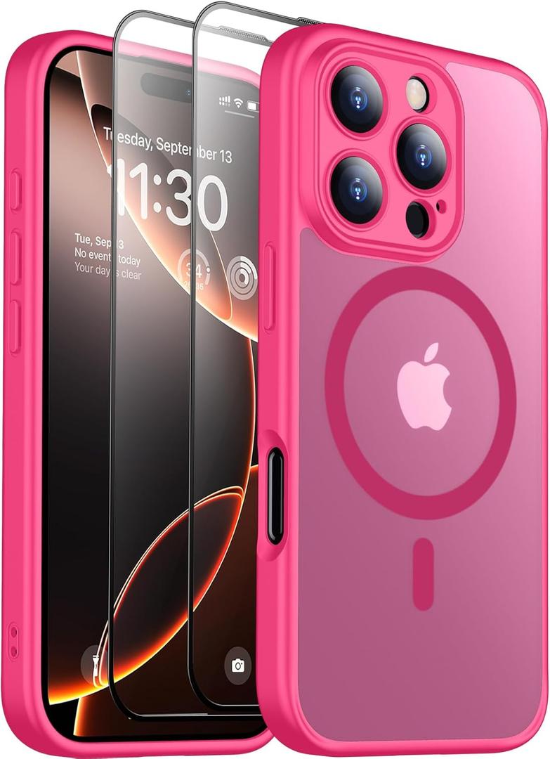 SPIDERCASE Magnetic for iPhone 16 Pro Max Case, Translucent Matte with 2PCS Tempered Glass Screen Protector [Upgraded Full Camera Protection] Anti-Scratch Slim Phone Case Slim Phone Case,Rose Red