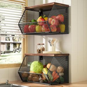 Stackable Fruit Basket for Kitchen Countertop Space Saving, Wall Mounted Mesh Metal Wire Baskets with Wood Lid Extra Storage, 2 Pack Kitchen Counter Organizer for Snack, Onion and Potato Storage (Black)