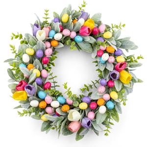Easter Wreaths for Front Door 20 Inch Easter Wreath Artificial Colorful Egg Wreath with Tulip and Flocked Lambs Ear for Home Indoor Outdoor Hoilday Party Decorations