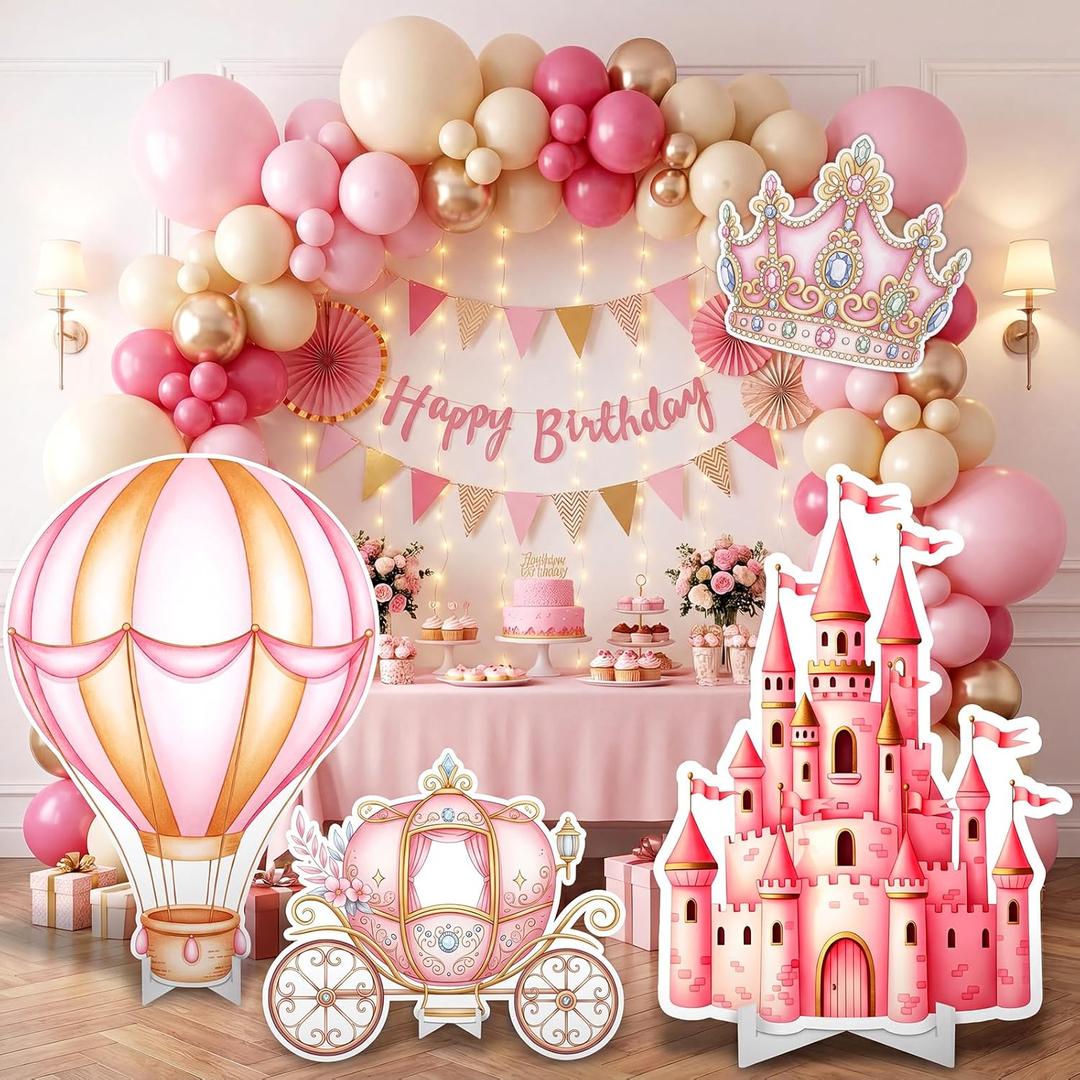 Honoson 4 Pcs Large 20" x 30" Princess Castle Cardboard Cutouts Standup, Princess Birthday Party Decoration Backdrop Yard Signs for Baby Shower Pink Party Supplies Lawn Crown Decor