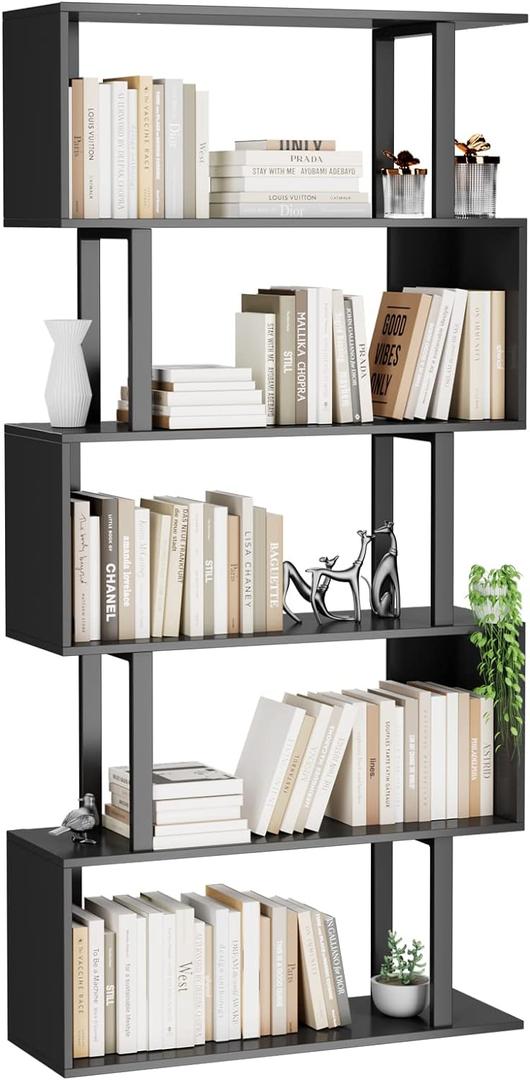 Gadroad 5-Tier Geometric Bookcase, S Shaped Bookshelf, Wood Decorative Storage Shelving, Modern Freestanding Display Shelves, Tall Book Shelf Unit for Living Room Bedroom, Black Gadroad 5-Tier Geometric Bookcase, S Shaped Bookshelf, Wood Decorative Storage Shelving, Modern Freestanding Display Shelves, Tall Book Shelf Unit for Living Room Bedroom, Black