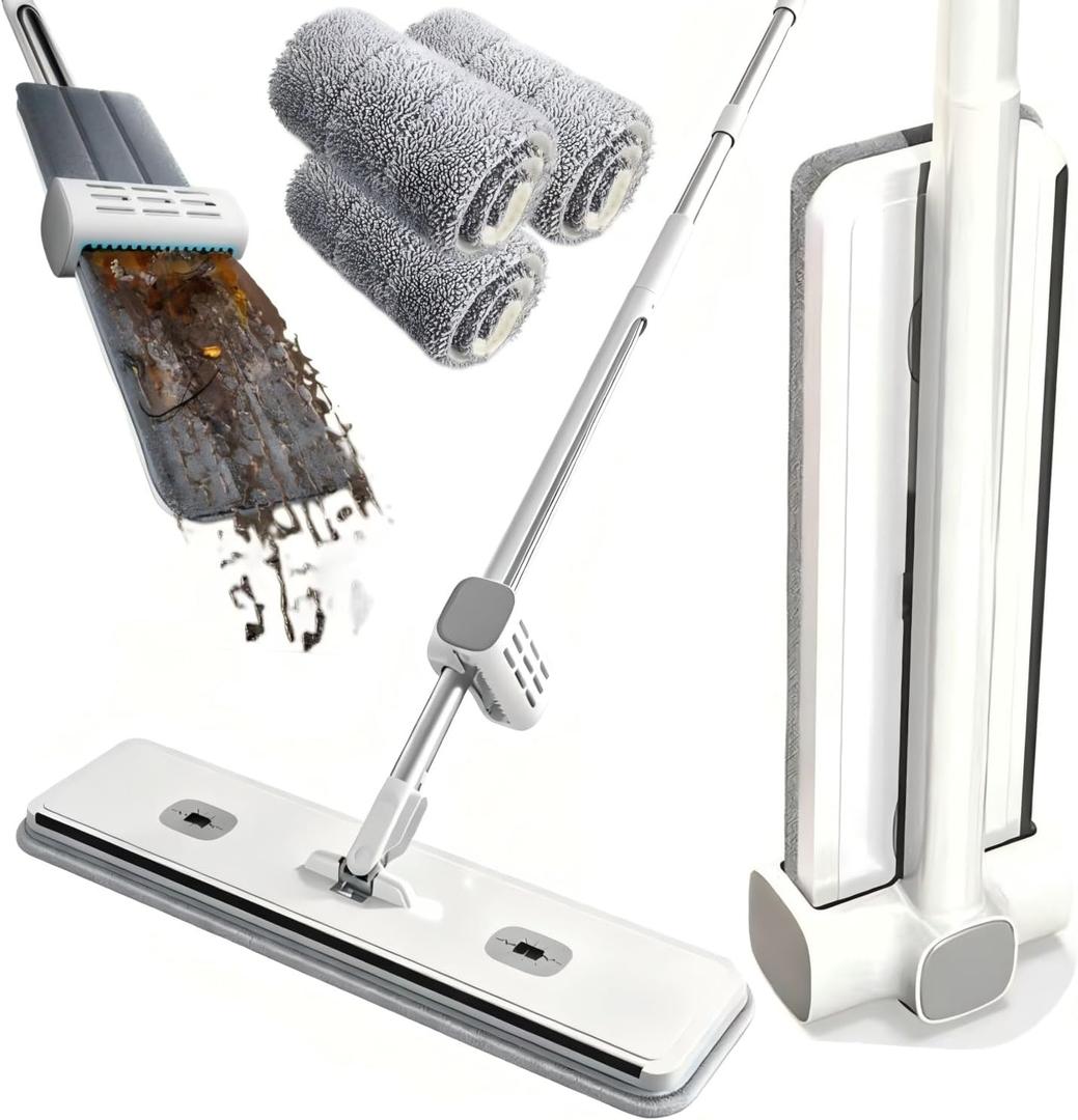 Hands Free Microfiber Mop with 4 Washable Pads | 61" Stainless Steel Handle, Efficient Flat Mop, For All Hard Floors