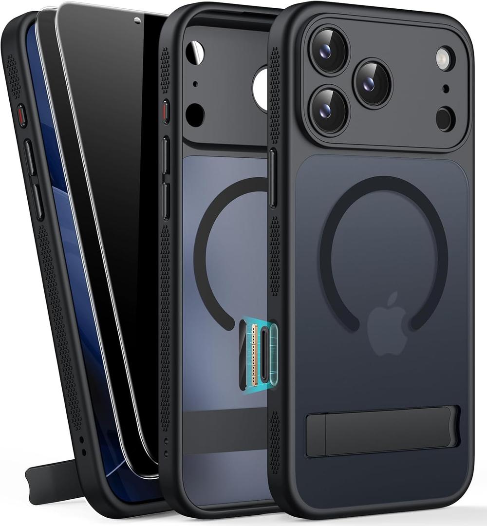 BXYJY for iPhone 17 Pro Max Magnetic Case with Stand, 2 Privacy Screen Protectors, Camera Control, Compatible with MagSafe, Full Lens Protection, Military Grade, Translucent Case for 17 Pro Max, Black