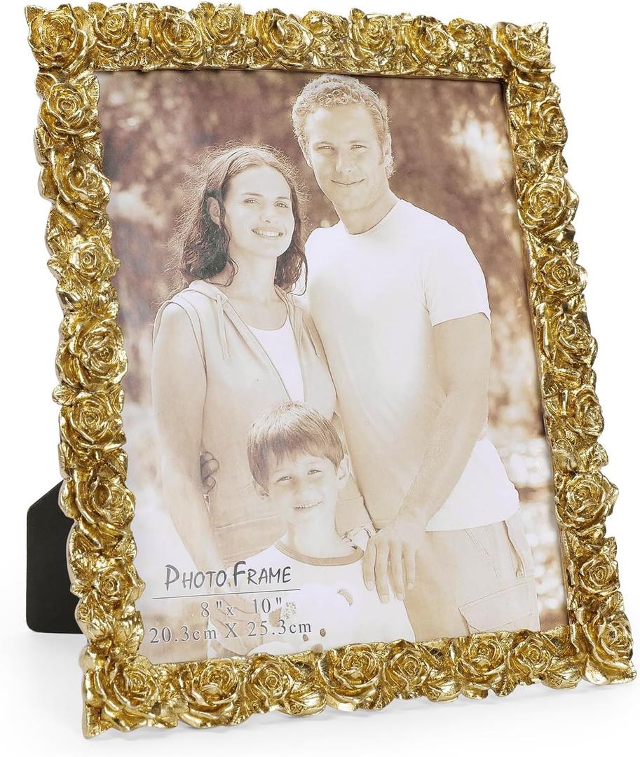 8x10 Picture Frame Vintage, Gold Ornate Rose Flower Resin Photo Frame with Glass Front for Tabletop, Antique Picture Frames for Home Decor