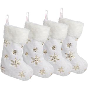 CCINEE 4PCS White Christmas Stockings,18 Inch Large Plush Faux Fur Xmas Stocking with Golden Snowflake Sequin Glitter Snowflake Hanging Stocking for Christmas Tree Wall Fireplace Home Decoration