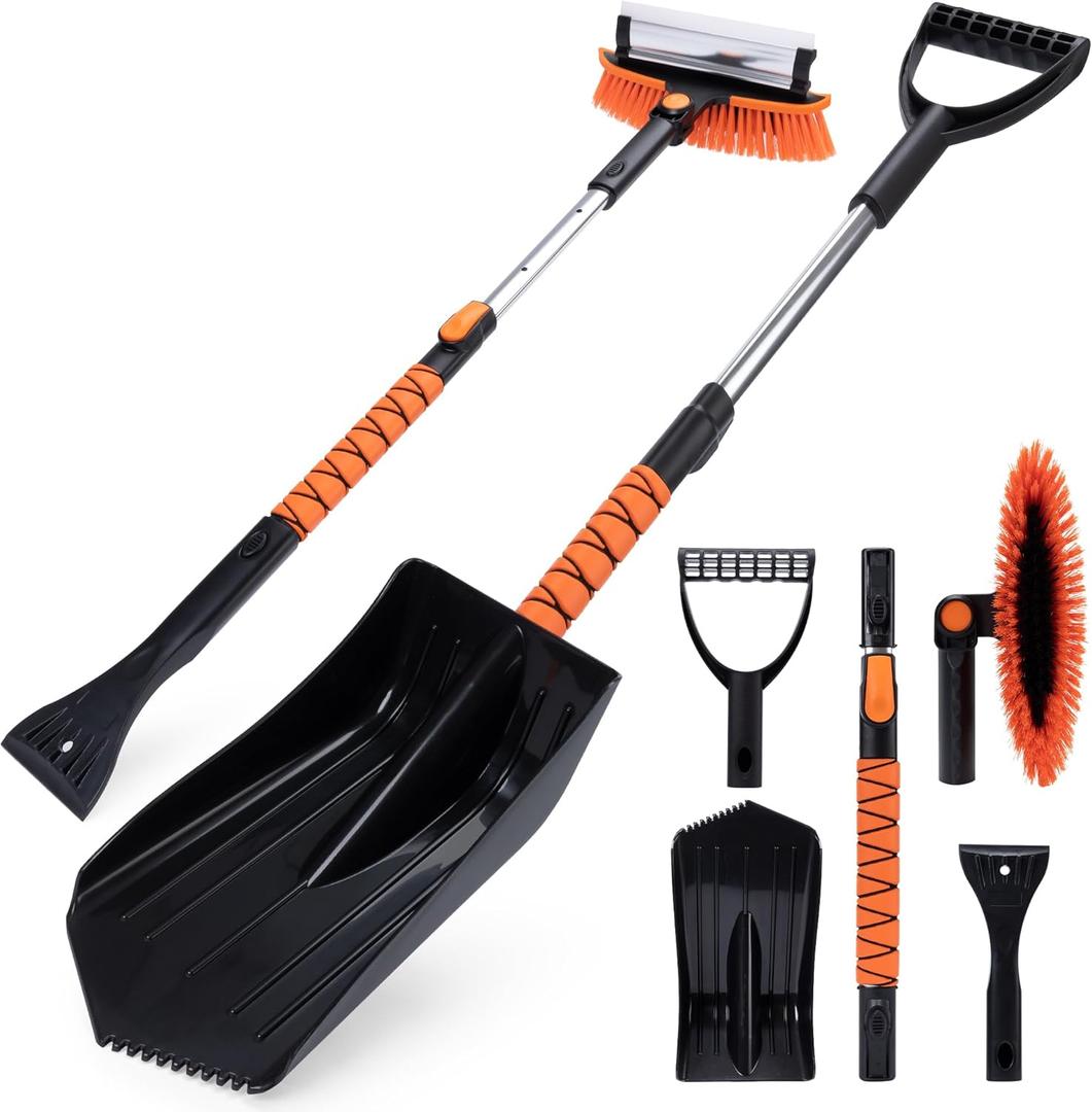 TONDA Snow Brush and Ice Scraper for Car Windshield, 180 Rotating Brush with Squeegee, Extendable Handle with Foam Grip, Snow Shovel for Cars, Trucks & SUVs, Orange