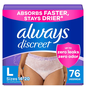 Always Discreet Adult Incontinence Underwear for Women and Postpartum Underwear, Large, Up to 100% Bladder Leak Protection, 76 Count (2 Packs of 38)