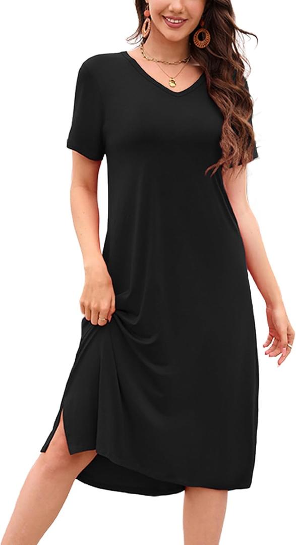 VOBCTY Women's Casual Short Sleeve Tshirt Dress Summer Side Split Loose V Neck Dresses (Medium, 00-black)