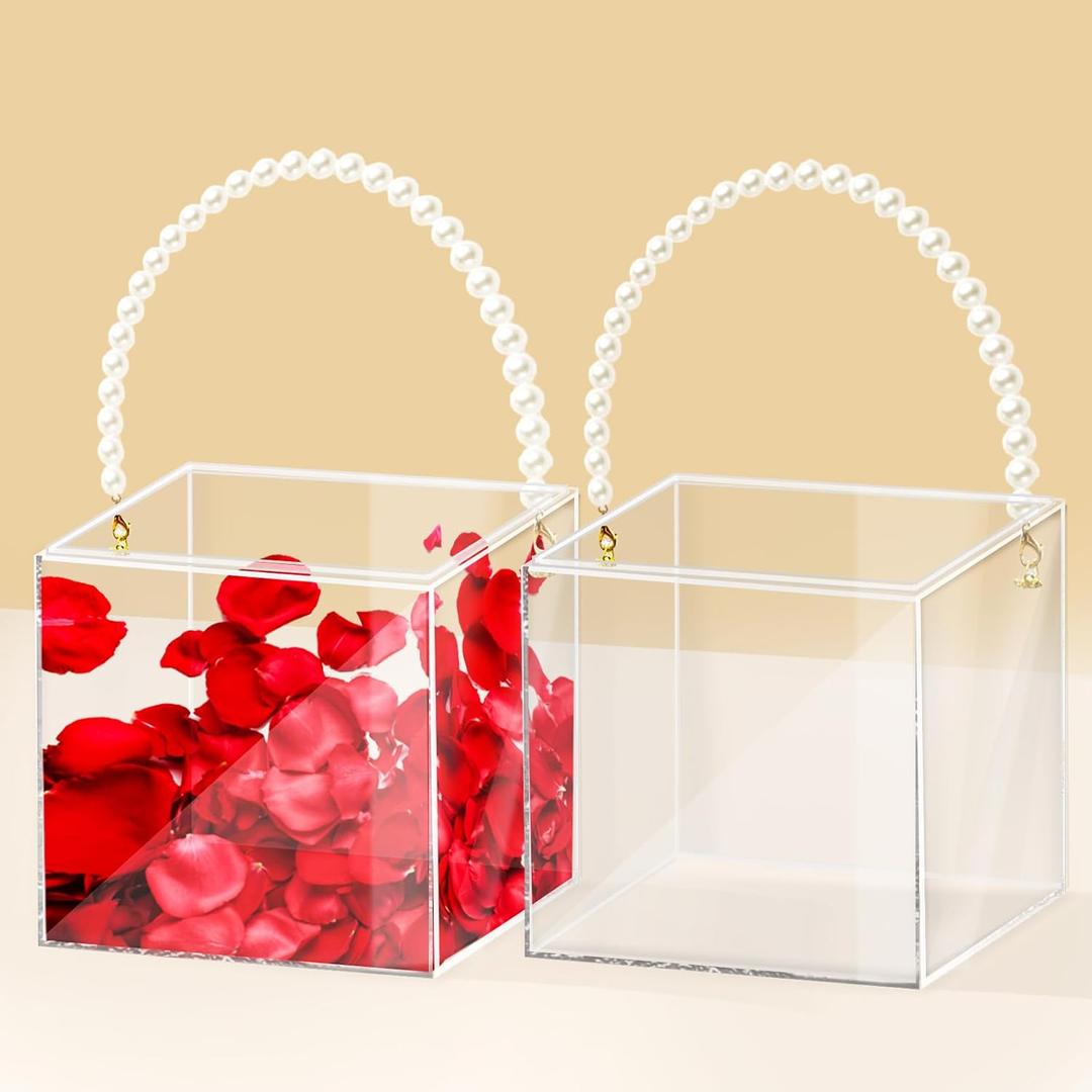 2Pcs Flower Girl Basket set of 2 Plastic Wedding Basket Petals Basket with Pearl Handle Clear Flower Holder for Confetti,Wedding Home Decoration