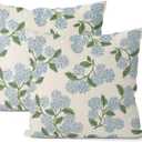 Spring Pillow Covers 18x18 Inch 2 Pcs Blue Green Hydrangea Flower Decor Throw Pillows Vintage Floral Seasonal Summer Outdoor Decoration Pillowcase Linen Cushion Cover for Couch Sofa