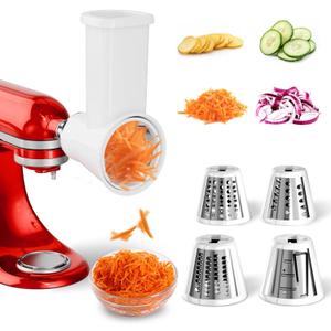 Slicer Shredder Attachment for KitchenAid Stand Mixer, Cheese Grater Attachment for Kitchenaid, Salad Maker, Grinding Powder, Dishwasher Safe with 4 Blades, White