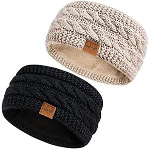 Hatromm Winter Headbands for Women Wool 2 Pack, Ear Warmers for Women Headband Knit Thick Fleece Lined, Cold Weather Warm Ear Muffs(Black+Beige)