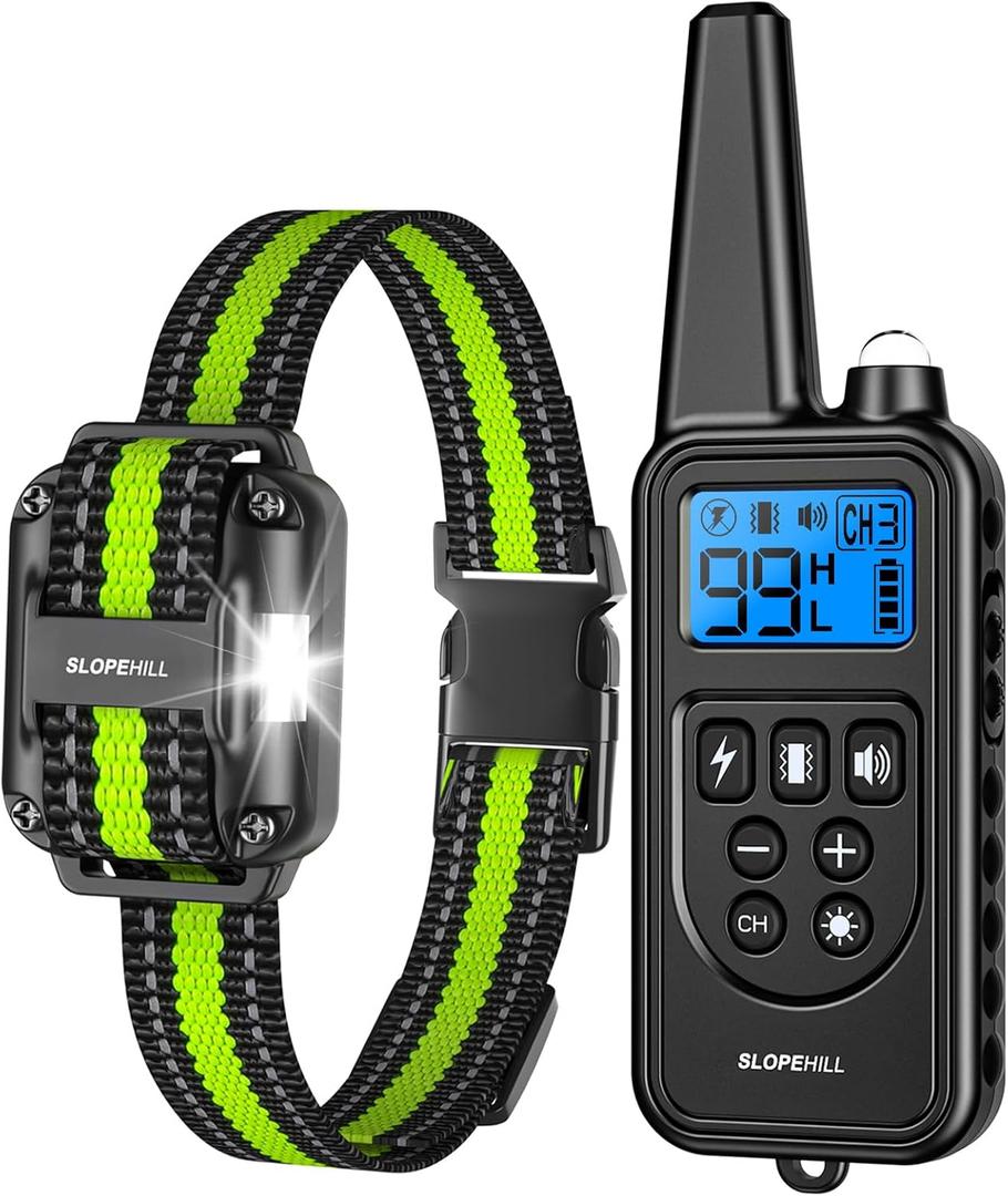 SLOPEHILL Dog Training Collar,4200FT Remote Shock Collar for Dogs 8-140lbs
IP68 Waterproof e Collar with Beep, Vibration, Safe Shock, Light ,No Shock Modes,Dog Collar with Removable Prongs,Green