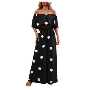 Floerns Women's 2 Piece Lounge Sets Polka Dots Off The Shoulder Crop Tops and Wide Leg Palazzo Pants L
