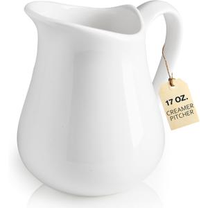 LYEOBOH 17 OZ Creamer Pitcher - Ceramics Creamer with Handle, Coffee Milk Pourer for Home Kitchen Microwave Dishwasher Freezer Safe, White (Classic)