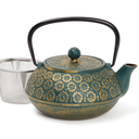 Green Floral Cast Iron Teapot Kettle with Stainless Steel Loose Leaf Infuser (34 oz)