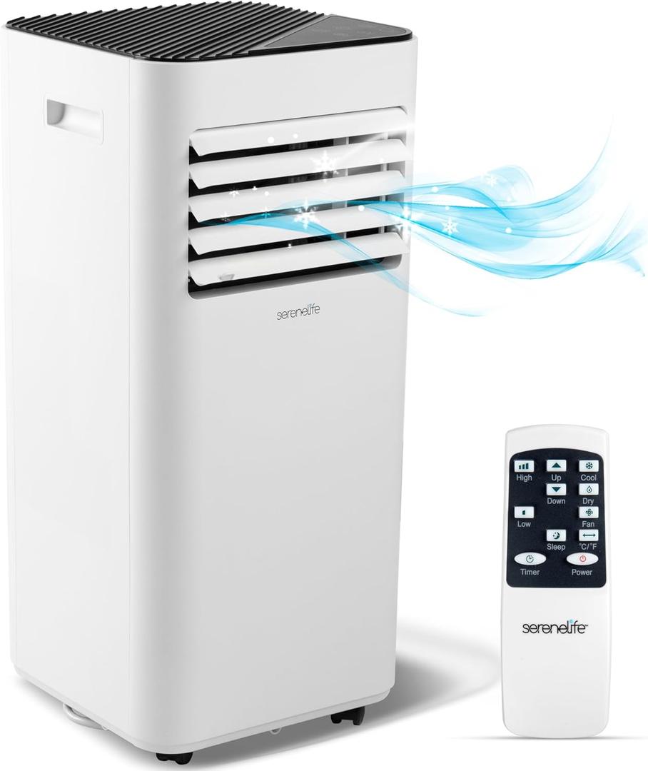 SereneLife 10000 BTU Portable Air Conditioner - 3-in-1 Portable AC Unit for Bedroom Up to 300 Sq.Ft, 24H Timer, Remote Control, Sleep Mode, Wheels, with Window Mount Kit, White