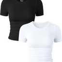 Womens 2 Piece Shirts Short Sleeve Crew Neck Ruched Stretch Fitted Tee Shirts Crop Tops (Small, Black,white)