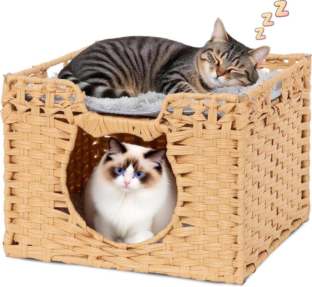 Handwoven Rattan Cat Cave w/Two Cushions, Cat Beds Indoor Kitten House, Wateproof & Foldable Pet Cube Bed, Natural Color, 16.5L x 16.5W x 12.6H