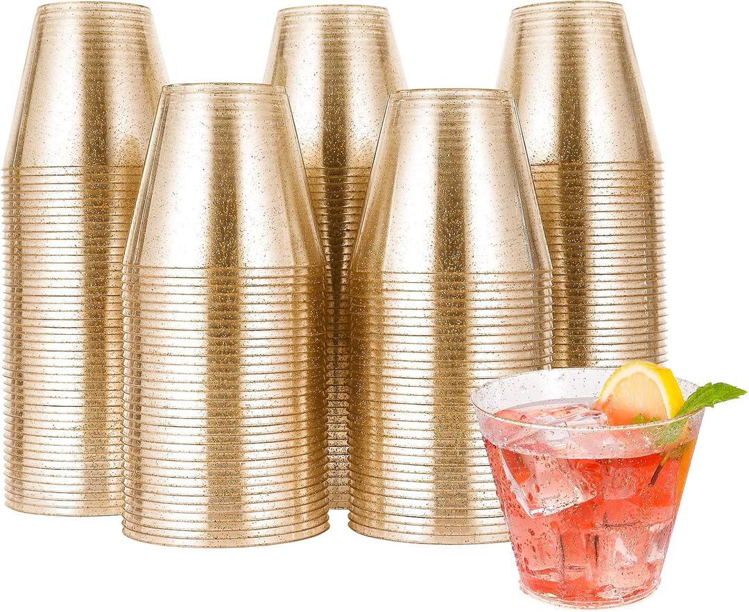 JOLLY CHEF 200 Pack 9 oz Glitter Plastic Cups, Disposable Gold Cups, Clear Plastic Tumblers for Wedding, Thanksgiving, Christmas Party