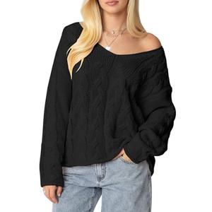 ZAFUL Womens V Neck Off The Shoulder Sweater Long Sleeve 2025 Oversized Cable Knit Casual Pullover Tops Black S