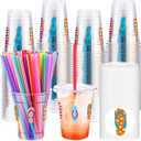 100 Sets 12 oz Summer Disposable Plastic Bulk Cups with Lids and Straws Hawaii Laua Cups Slippers Sandals Flops Pattern Design for Hawaiian Parties Pool Beach Holiday Supplies