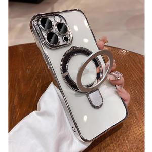 LXK Magnetic Invisible Stand for iPhone 15 Pro Max Case Compatible with MagSafe, Military-Grade Protection, with Camera Protector, Clear Scratch-Resistant Back Case for iPhone 15 ProMax (Silver)